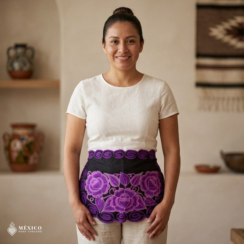 Mexican Embroidered Waist Apron – Floral Pocket Design, Traditional Tie Apron